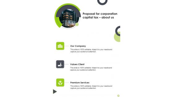 Proposal For Corporation Capital Tax About Us Slide2 One Pager Sample Example Document Proposal For Corporation Capital Tax About Us Slide2 One Pager Sample Example Document