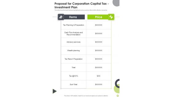 Proposal For Corporation Capital Tax Investment Plan One Pager Sample Example Document