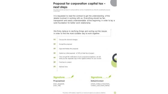 Proposal For Corporation Capital Tax Next Steps One Pager Sample Example Document
