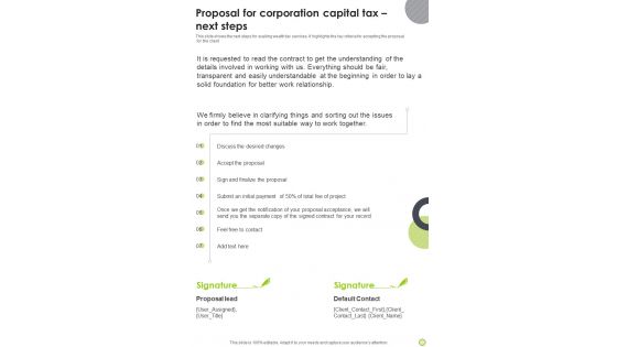 Proposal For Corporation Capital Tax Next Steps One Pager Sample Example Document Proposal For Corporation Capital Tax Next Steps One Pager Sample Example Document