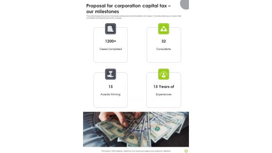 Proposal For Corporation Capital Tax Our Milestones One Pager Sample Example Document Proposal For Corporation Capital Tax Our Milestones One Pager Sample Example Document
