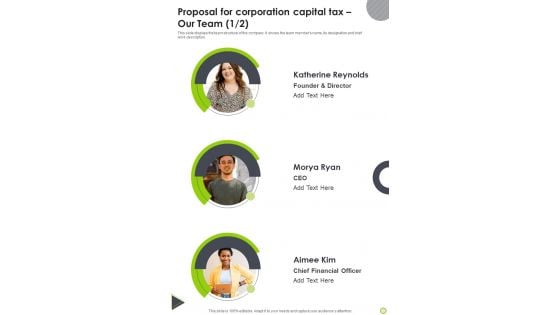 Proposal For Corporation Capital Tax Our Team One Pager Sample Example Document