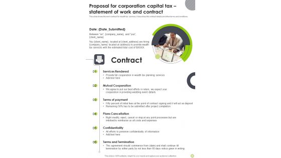 Proposal For Corporation Capital Tax Statement Of Work One Pager Sample Example Document