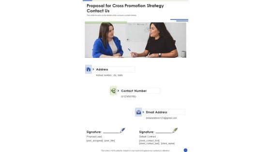 Proposal For Cross Promotion Strategy Contact Us One Pager Sample Example Document