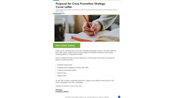Proposal For Cross Promotion Strategy Cover Letter One Pager Sample Example Document