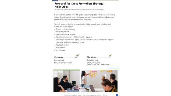 Proposal For Cross Promotion Strategy Next Steps One Pager Sample Example Document