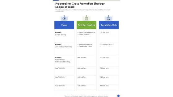 Proposal For Cross Promotion Strategy Scope Of Work One Pager Sample Example Document