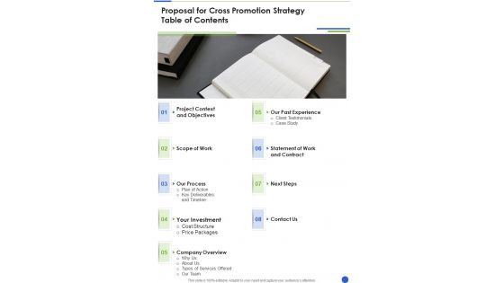Proposal For Cross Promotion Strategy Table Of Contents One Pager Sample Example Document Proposal For Cross Promotion Strategy Table Of Contents One Pager Sample Example Document