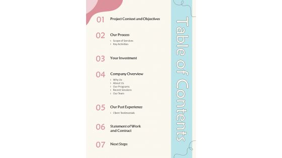 Proposal For Daycare Services Table Of Contents One Pager Sample Example Document