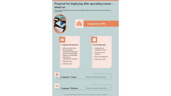 Proposal For Deploying Disk Operating System About Us One Pager Sample Example Document