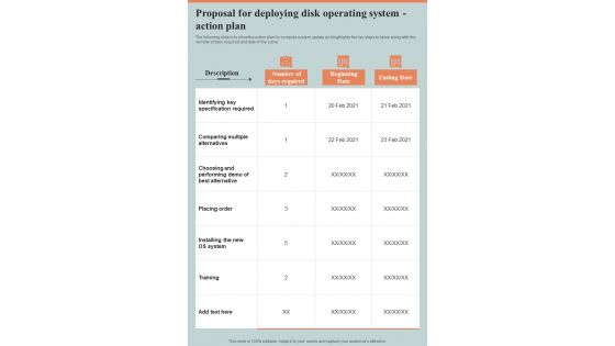 Proposal For Deploying Disk Operating System Action Plan One Pager Sample Example Document