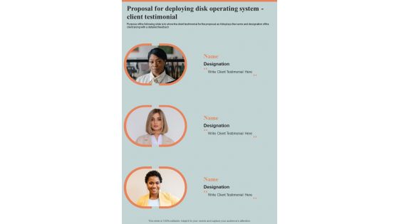 Proposal For Deploying Disk Operating System Client Testimonial One Pager Sample Example Document Proposal For Deploying Disk Operating System Client Testimonial One Pager Sample Example Document