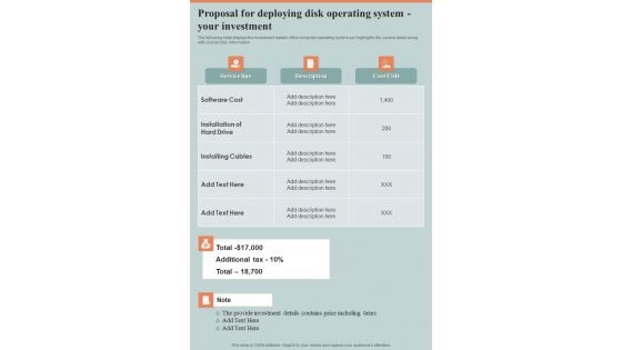 Proposal For Deploying Disk Operating System Your Investment One Pager Sample Example Document Proposal For Deploying Disk Operating System Your Investment One Pager Sample Example Document