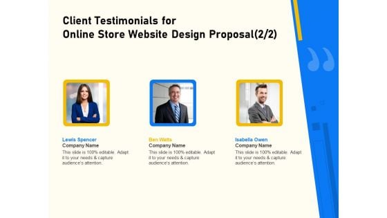 Proposal For Ecommerce Website Development Client Testimonials For Online Store Website Design Proposal Ideas PDF