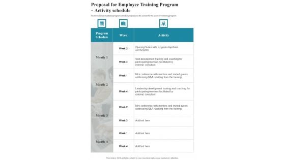 Proposal For Employee Training Program Activity Schedule One Pager Sample Example Document Proposal For Employee Training Program Activity Schedule One Pager Sample Example Document