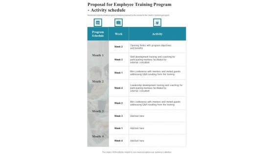 Proposal For Employee Training Program Activity Schedule One Pager Sample Example Document