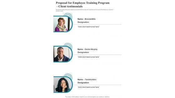 Proposal For Employee Training Program Client Testimonials One Pager Sample Example Document