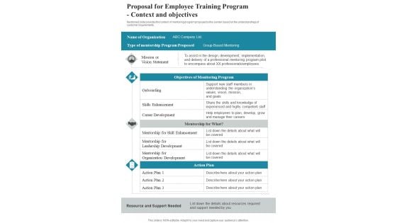 Proposal For Employee Training Program Context And Objectives One Pager Sample Example Document
