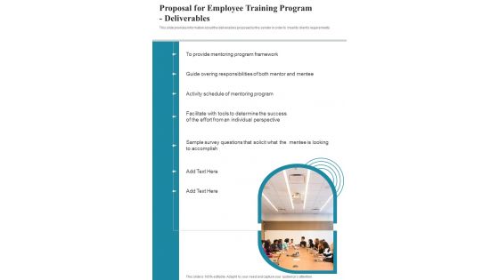 Proposal For Employee Training Program Deliverables One Pager Sample Example Document Proposal For Employee Training Program Deliverables One Pager Sample Example Document