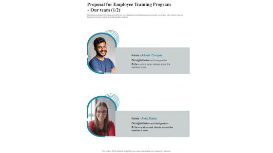 Proposal For Employee Training Program Our Team One Pager Sample Example Document Proposal For Employee Training Program Our Team One Pager Sample Example Document