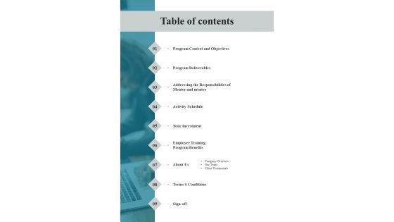 Proposal For Employee Training Program Table Of Contents One Pager Sample Example Document