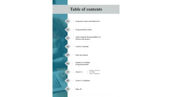 Proposal For Employee Training Program Table Of Contents One Pager Sample Example Document Proposal For Employee Training Program Table Of Contents One Pager Sample Example Document