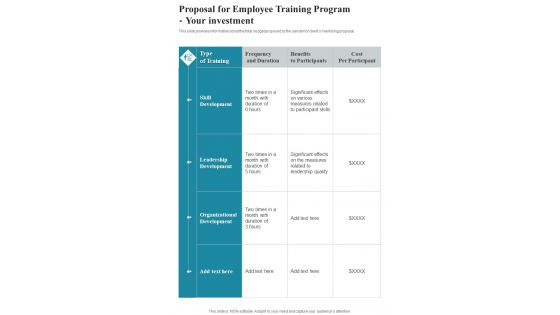Proposal For Employee Training Program Your Investment One Pager Sample Example Document Proposal For Employee Training Program Your Investment One Pager Sample Example Document