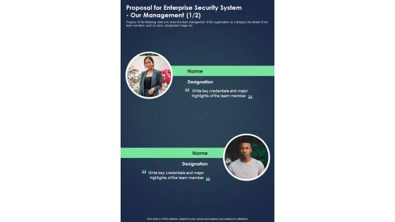 Proposal For Enterprise Security System Our Management One Pager Sample Example Document