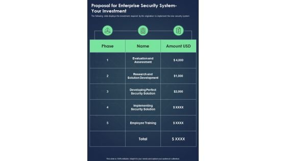Proposal For Enterprise Security System Your Investment One Pager Sample Example Document