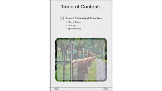 Proposal For Fencing Setup Table Of Contents One Pager Sample Example Document Proposal For Fencing Setup Table Of Contents One Pager Sample Example Document