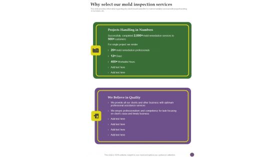 Proposal For Fungal Inspection Service Company Why Select Our Mold Inspection Services One Pager Sample Example Document Proposal For Fungal Inspection Service Company Why Select Our Mold Inspection Services One Pager Sample Example Document