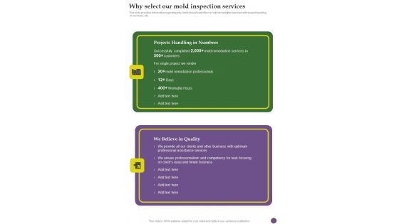 Proposal For Fungal Inspection Service Company Why Select Our Mold Inspection Services One Pager Sample Example Document