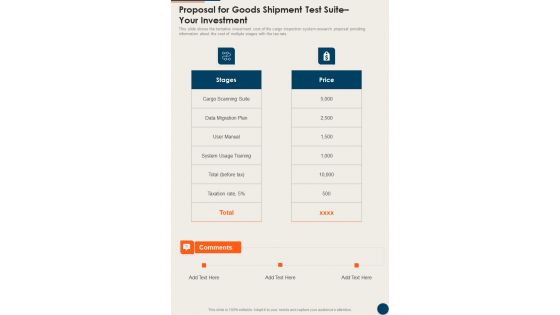 Proposal For Goods Shipment Test Suite Your Investment One Pager Sample Example Document