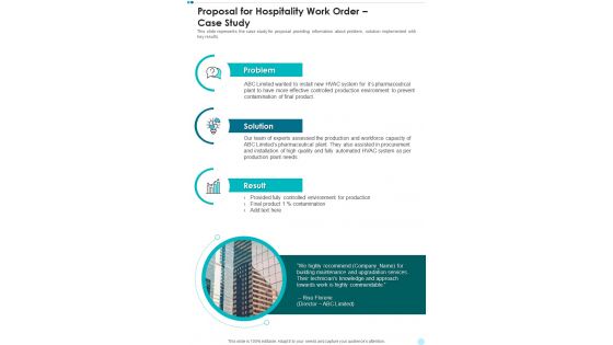 Proposal For Hospitality Work Order Case Study One Pager Sample Example Document