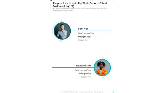 Proposal For Hospitality Work Order Client Testimonials One Pager Sample Example Document