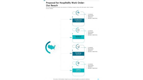 Proposal For Hospitality Work Order Our Reach One Pager Sample Example Document