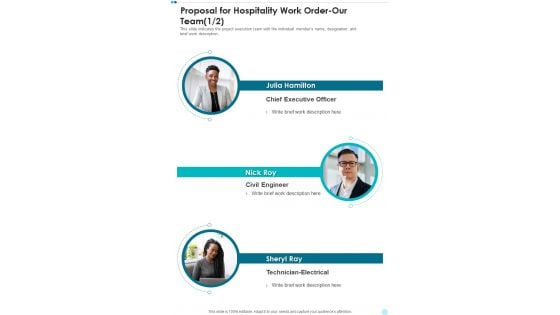 Proposal For Hospitality Work Order Our Team One Pager Sample Example Document