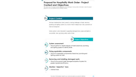 Proposal For Hospitality Work Order Project Context And Objectives One Pager Sample Example Document