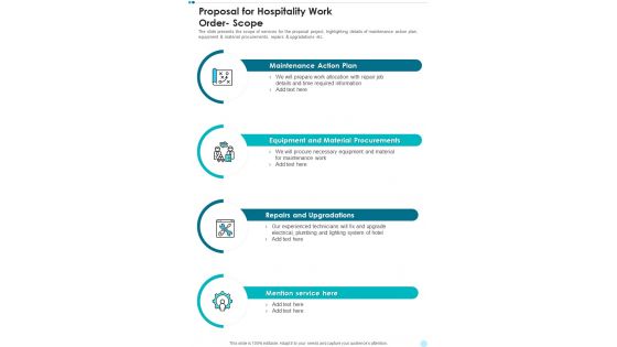 Proposal For Hospitality Work Order Scope One Pager Sample Example Document