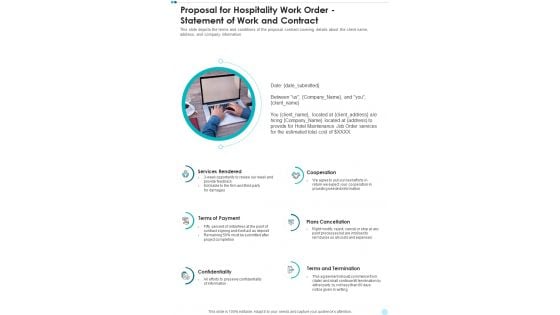 Proposal For Hospitality Work Order Statement Of Work And Contract One Pager Sample Example Document