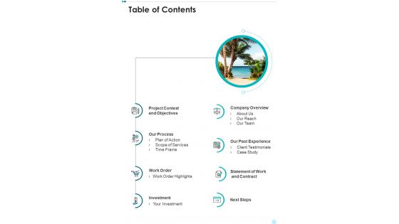 Proposal For Hospitality Work Order Table Of Contents One Pager Sample Example Document