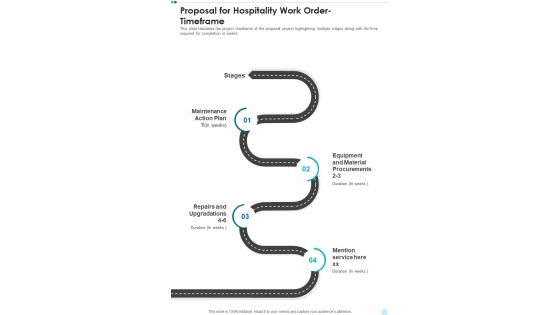 Proposal For Hospitality Work Order Timeframe One Pager Sample Example Document