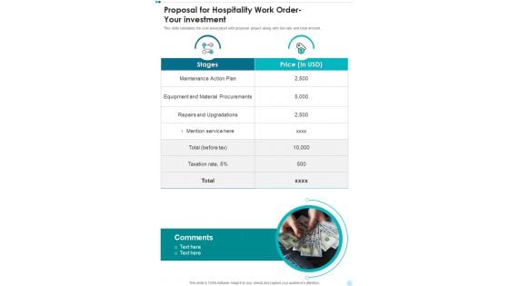 Proposal For Hospitality Work Order Your Investment One Pager Sample Example Document