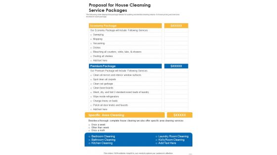 Proposal For House Cleansing Service Packages One Pager Sample Example Document