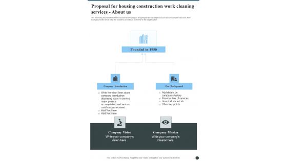Proposal For Housing Construction Work Cleaning Services About Us One Pager Sample Example Document Proposal For Housing Construction Work Cleaning Services About Us One Pager Sample Example Document