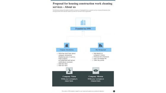 Proposal For Housing Construction Work Cleaning Services About Us One Pager Sample Example Document