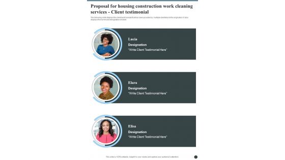 Proposal For Housing Construction Work Cleaning Services Client Testimonial One Pager Sample Example Document Proposal For Housing Construction Work Cleaning Services Client Testimonial One Pager Sample Example Document