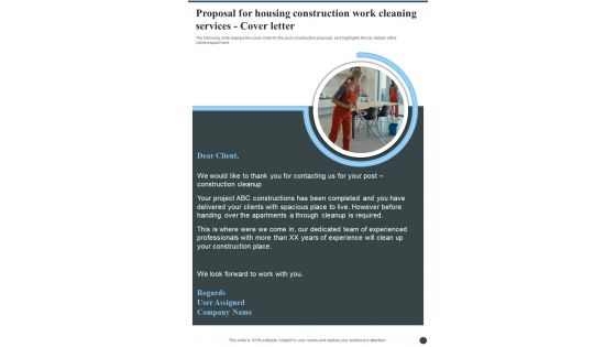 Proposal For Housing Construction Work Cleaning Services Cover Letter One Pager Sample Example Document