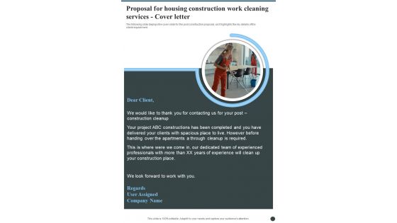 Proposal For Housing Construction Work Cleaning Services Cover Letter One Pager Sample Example Document Proposal For Housing Construction Work Cleaning Services Cover Letter One Pager Sample Example Document