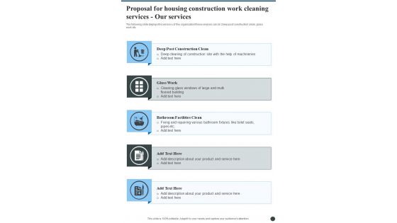 Proposal For Housing Construction Work Cleaning Services Our Services One Pager Sample Example Document Proposal For Housing Construction Work Cleaning Services Our Services One Pager Sample Example Document